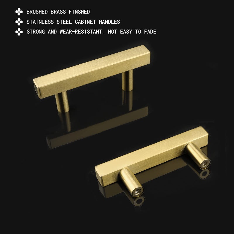 goldenwarm Brushed Brass Cabinet Pulls Kitchen Hardware Gold Drawer Pulls 6.25 Inch Hole Centers - LS1212GD160 Square T Bar Gold Knobs Dresser Cupboard Door Handles Stainless Steel 20 Pack - Image 3